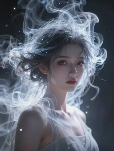 Anime Portrait of a Woman with Smoke-Dissolving Hair