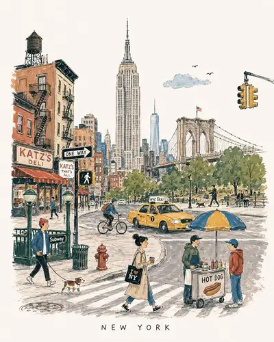 Mid-Century Travel Picture-Book Illustration of a City
