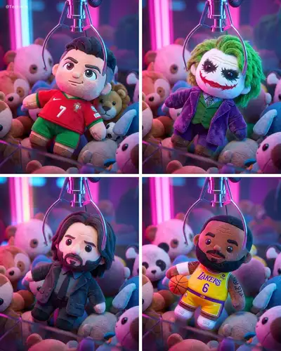 3D plush toy portrait inside a neon claw machine arcade