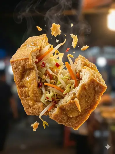 Macro shot of a crispy martabak telur bursting open