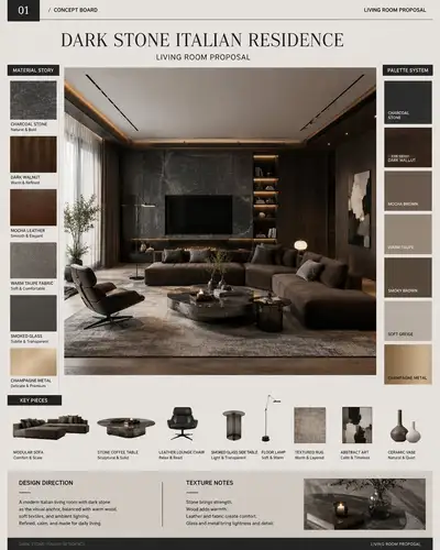 Italian-style dark living room interior proposal