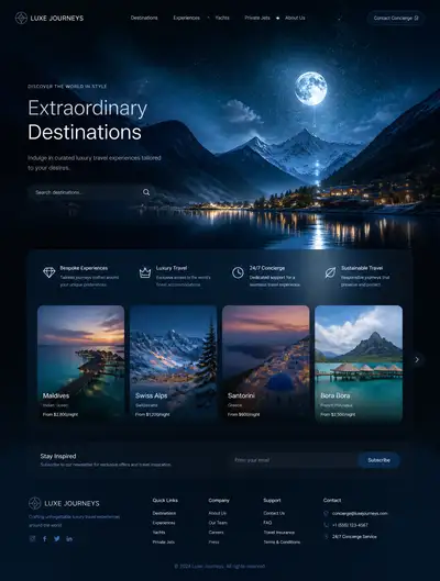 Luxury moonlit mountain lake landscape for a travel website