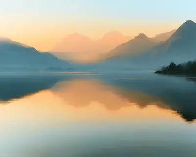 Prompt de paisagem de lago de montanha ao amanhecer para Midjourney