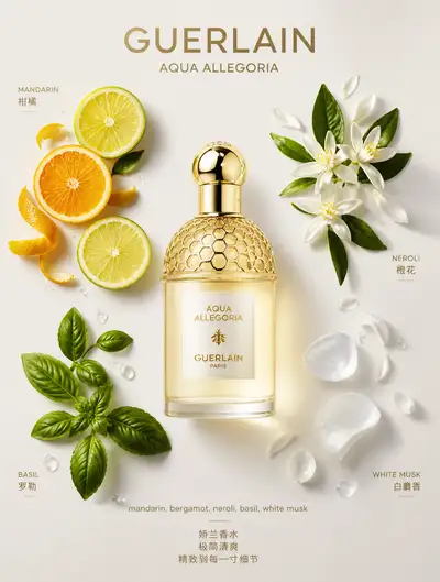 Ultra-premium Guerlain perfume flat-lay advertising poster
