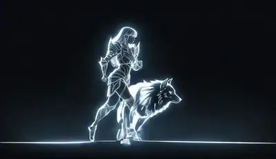 Glowing warrior woman and wolf in metropolis