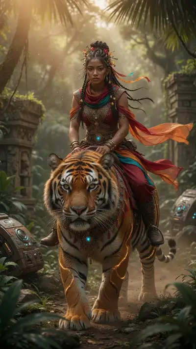 Cinematic Fantasy Tiger Rider in Jungle