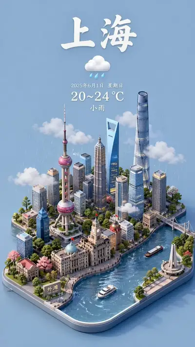 Isometric miniature city weather diorama for Shanghai