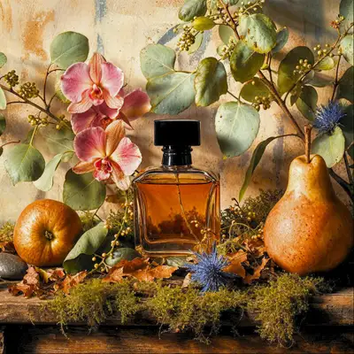 Elegant Perfume Still Life with Orchids and Golden Pear
