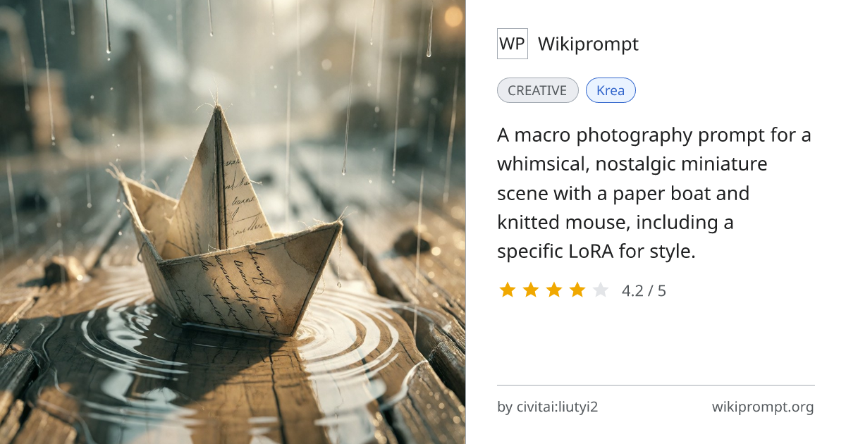 Miniature Paper Boat with Knitted Mouse in Rain Puddle | Wikiprompt