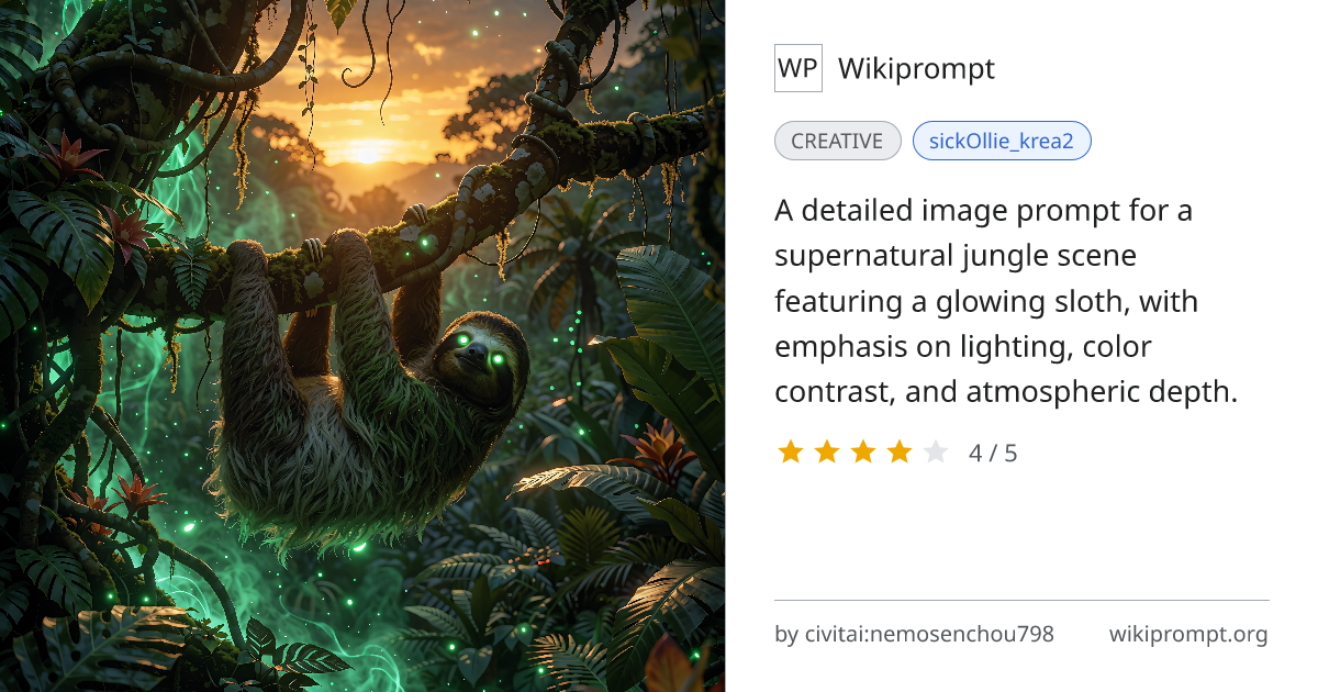Mysterious Glowing Sloth in Jungle at Sunset | Wikiprompt