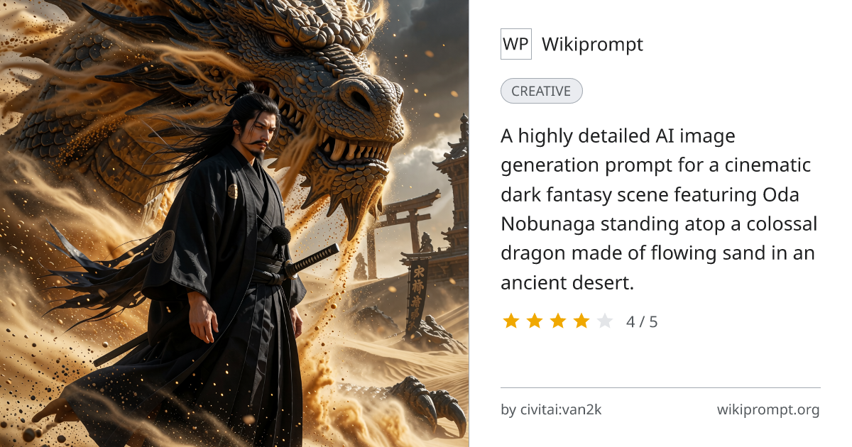 Oda Nobunaga on Colossal Sand Dragon - Cinematic Dark Fantasy | Wikiprompt