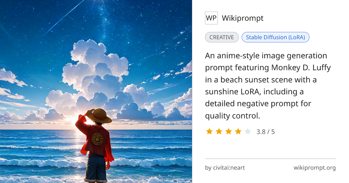 One Piece Luffy Beach Sunset LoRA Prompt | Wikiprompt