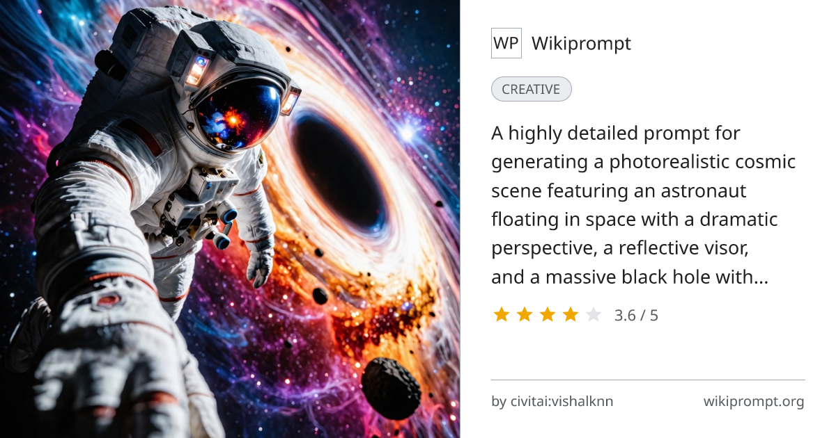 Photorealistic Astronaut and Black Hole Cosmic Scene | Wikiprompt