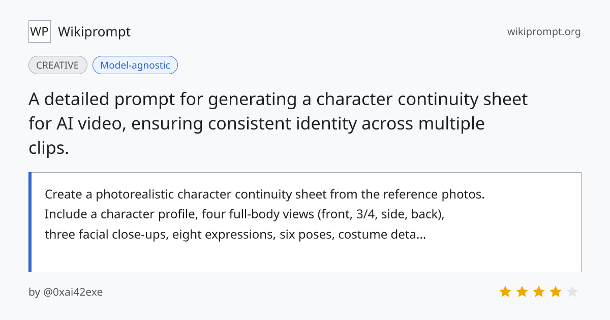 Photorealistic character continuity sheet | Wikiprompt