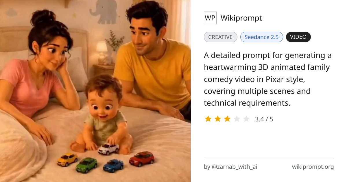 Pixar-style 3D animated family comedy video prompt | Wikiprompt
