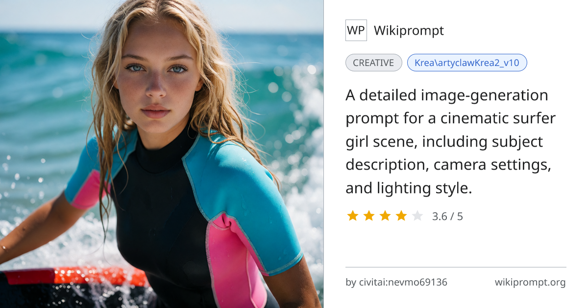 Surfer Girl Cinematic Portrait Prompt | Wikiprompt