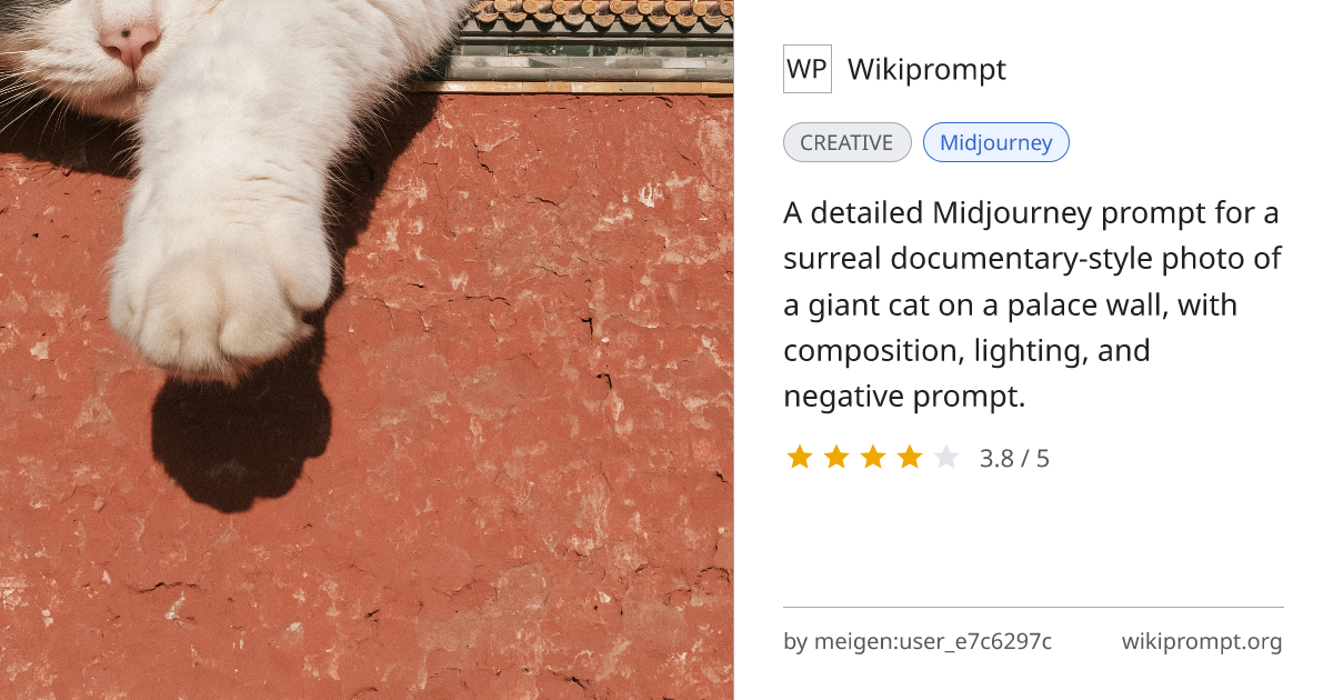 Surreal documentary photo of giant cat on palace wall | Wikiprompt