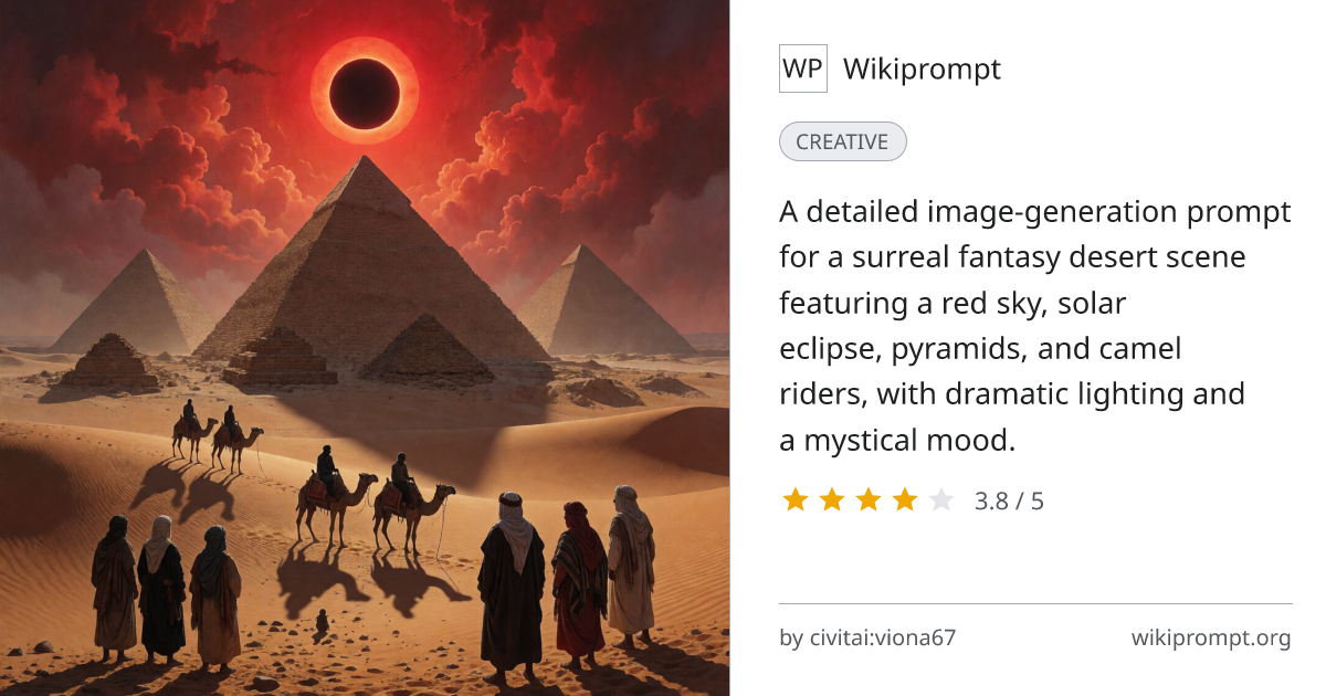 Surreal Fantasy Desert with Red Eclipse and Pyramids | Wikiprompt