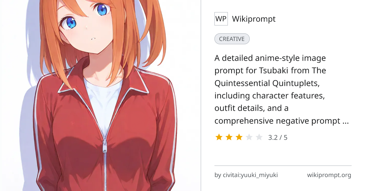 Tsubaki Anime Character Prompt with Negative Prompt | Wikiprompt