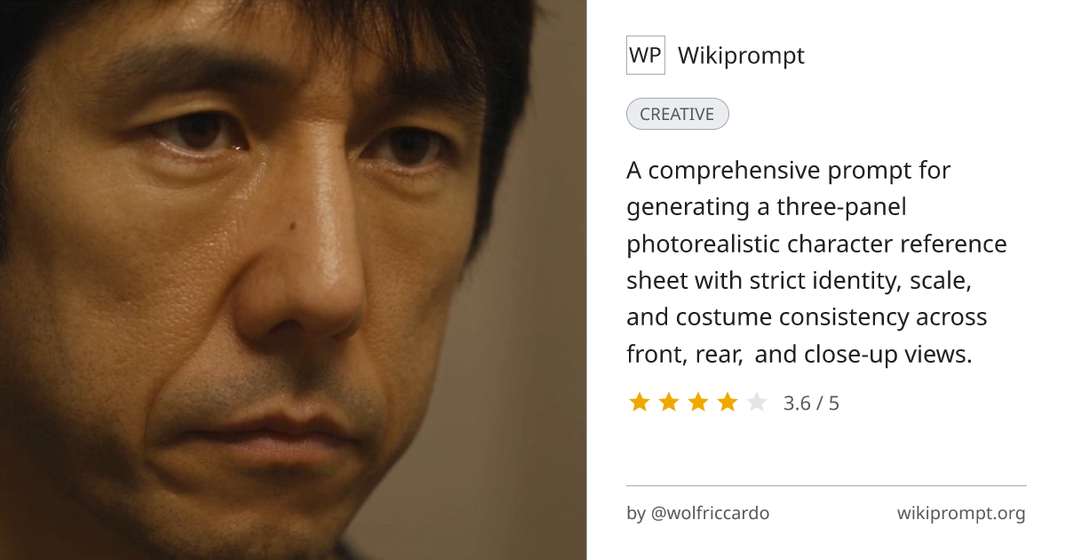 Ultra-Photorealistic Three-Panel Character Reference Sheet | Wikiprompt