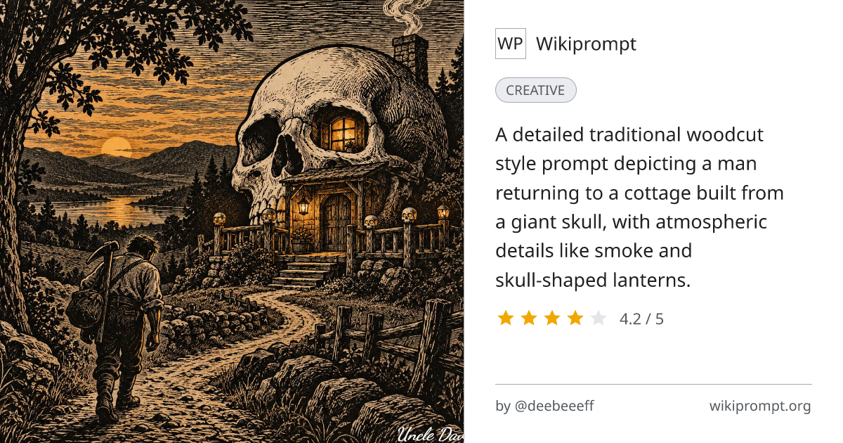 Woodcut Man Walking to Skull Cottage | Wikiprompt